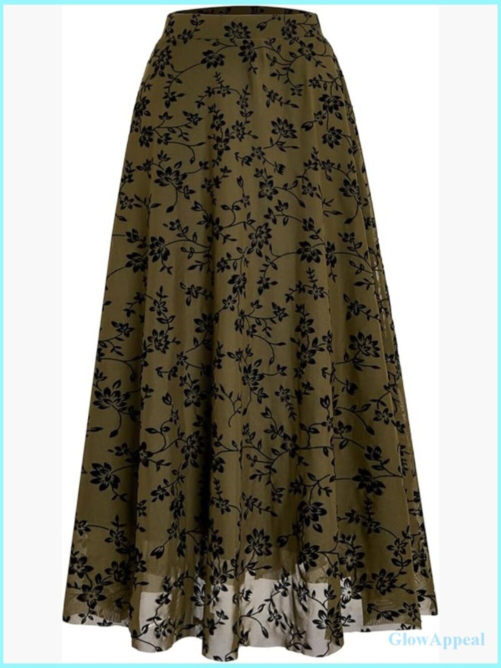 Long Maxi Skirt with Mesh and Floral Applique High Waist Ankle Length